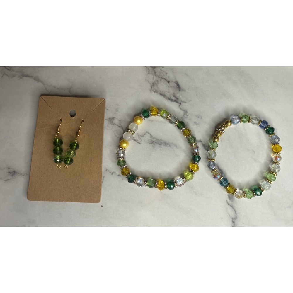 handmade beaded earrings and bracelets set‎ green, yellow, blue and wht beads